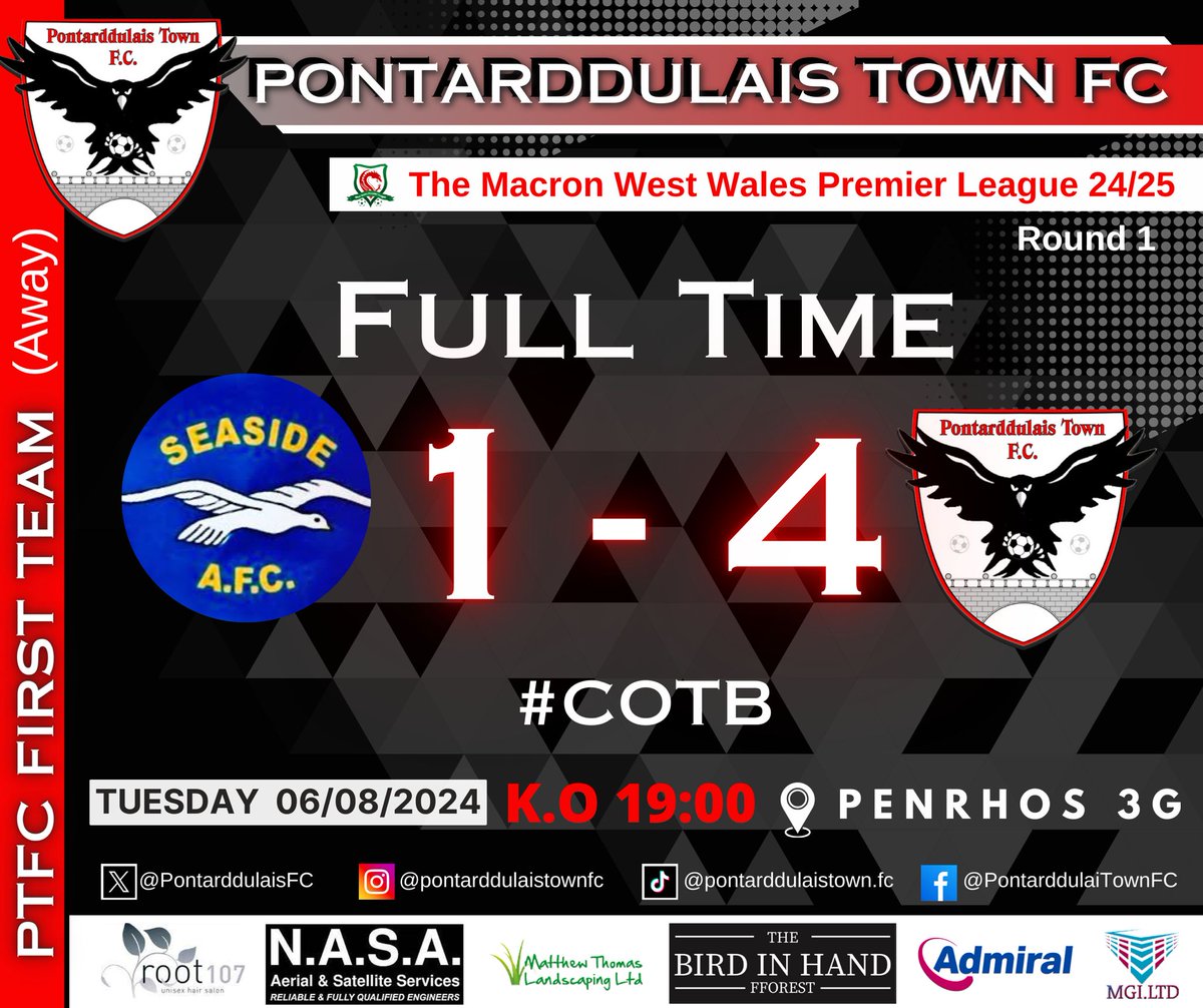 Excellent opener to the <a href="/PremierWales/">The Macron West Wales Premier League</a> campaign. Goals from <a href="/JoelBeynon/">Joel Beynon</a>, Danny Devey (2) &amp; <a href="/7Johns/">7johns</a> vs newcomer's <a href="/SEASIDEAFC/">Seaside AFC</a>

Onto Friday's game vs <a href="/BrynRoversAFC/">Bryn Rovers AFC</a>