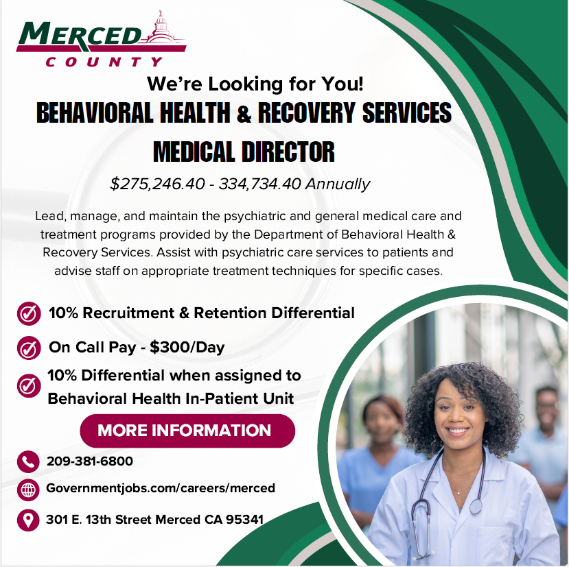 Merced County Behavioral Health &amp; Recovery Services is now hiring for Medical Director!  Apply now!
governmentjobs.com/jobs/4609626-0…