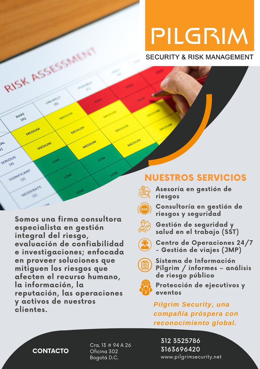 COP_Pilgrim's tweet photo. Somos una firma consultora especializada en gestión integral del riesgo. Nuestro objetivo es proveer soluciones que mitiguen los riesgos que afectan el recurso humano, la información, la reputación, las operaciones y activos de nuestros clientes. https://t.co/IWmEXN5Bba