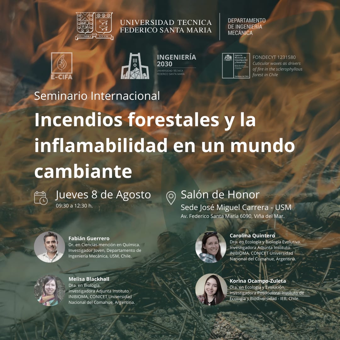 Seminario sobre #incendiosforestales e #inflamabilidad de la #vegetación!

🗓️ Fecha: Jueves 8 de agosto
🕒 Hora: 09:30 a 12:30
📍 Lugar: Salón de Honor de la Sede José Miguel Carrera - <a href="/usantamaria/">USM</a>  #ViñadelMar