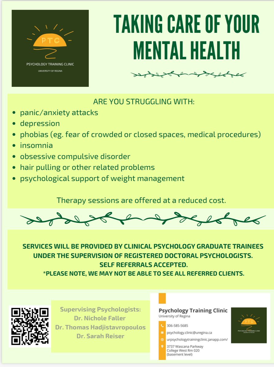 Our psychology training clinic at the University of Regina is accepting referrals (including self-referrals) for cognitive behavioural therapy.  See poster below for more info: