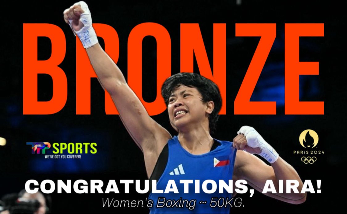 PhilPageantry's tweet photo. CONGRATULATIONS, AIRA VILLEGAS 🇵🇭🥊🥉

Filipina boxer Aira Villegas settles for bronze after a beautiful fight with Buse Naz Cakiroglu of Turkey in the semifinals of the women's 50kg category at #Paris2024 #Olympics early Wednesday.

You are an inspiration to all Filipinos, Aira! https://t.co/x6pVNsYdj3