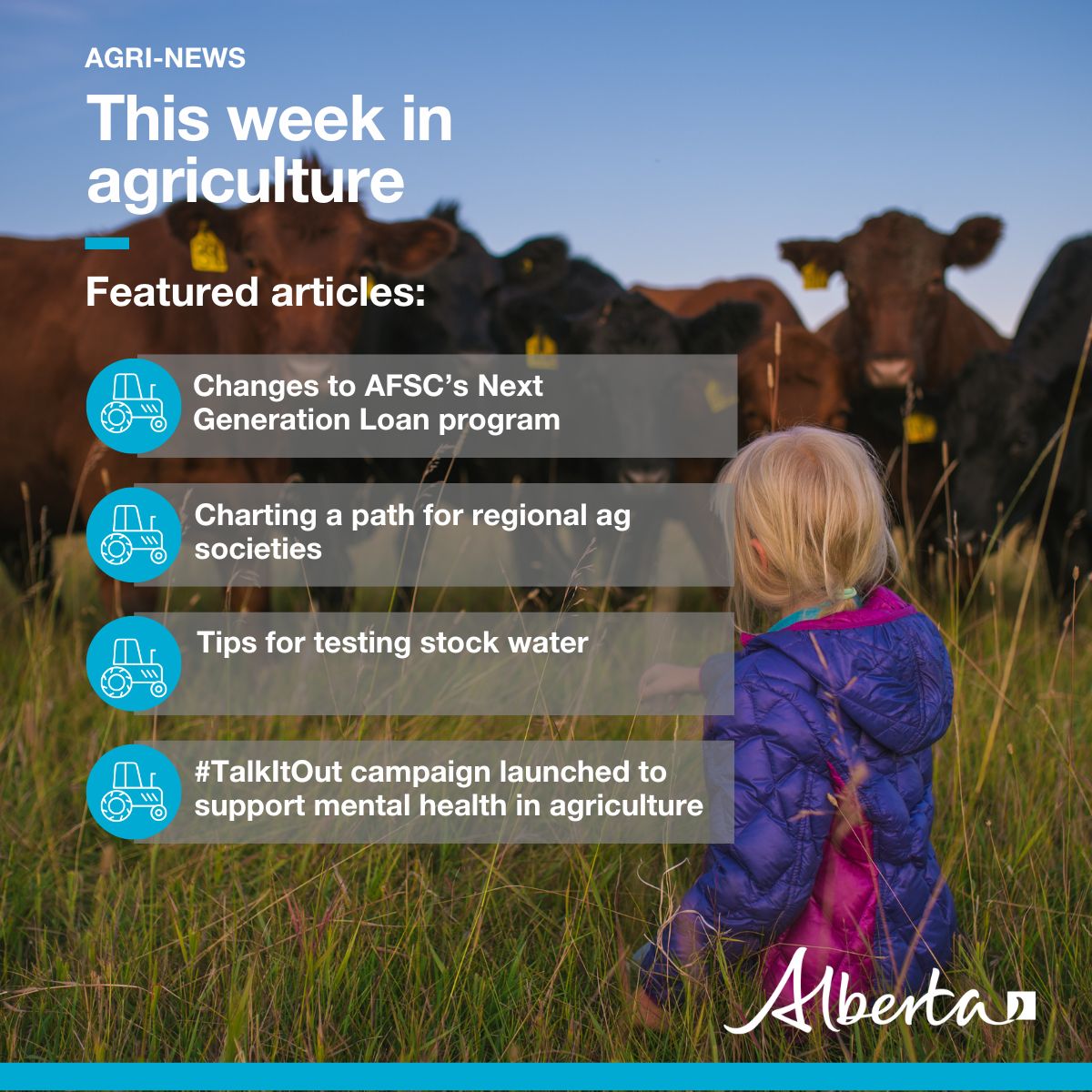This week in Agri-News: 

💲 Changes to AFSC’s Next Generation Loan program
🐎 Charting a path for regional ag societies
💧 Testing stock water
🧠 #TalkItOut campaign launched
📅 Markets, events and more!

secure.campaigner.com/CSB/Public/arc… 

#abag