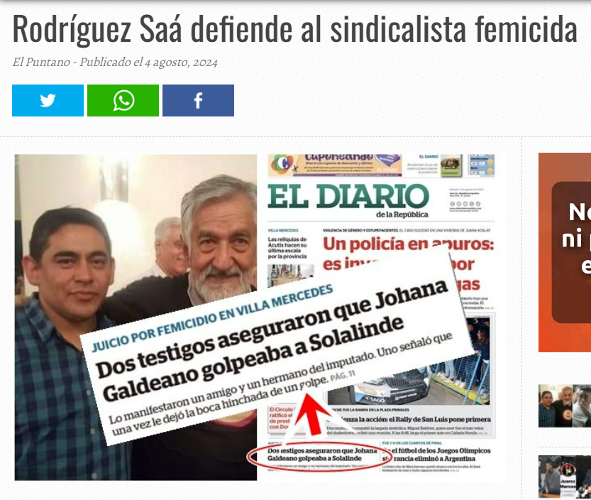 HoracioCabak's tweet photo. Acaban de dictarle perpetua al sindicalista de la UOCRA de San Luis, Juan Carlos Solalinde, por asesinar a su mujer .
No la quisieron escuchar cuando denunciaba ser golpeada, porque a su pareja lo protegía Rodriguez Saa.
En el juicio todos los testigos hablan de la violencia que ejercía,  que le pegaba y hasta llegó a violarla mientras le apuntaba con un arma.
Otra victima del poder politico.
Fernández, Alperovich, Espinoza, Rodriguez Saa....
¿Coincidencia?...