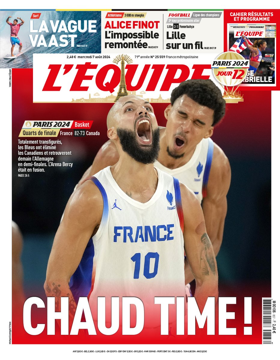 lequipe's tweet photo. La une de L'Équipe du mercredi 7 août. 

#Paris2024 https://t.co/BWJY24RaFY