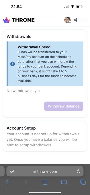 Just set up Throne. Can someone send a gift pls so I can setup withdrawals. 🥰  https://t.co/6lugYRkgK0