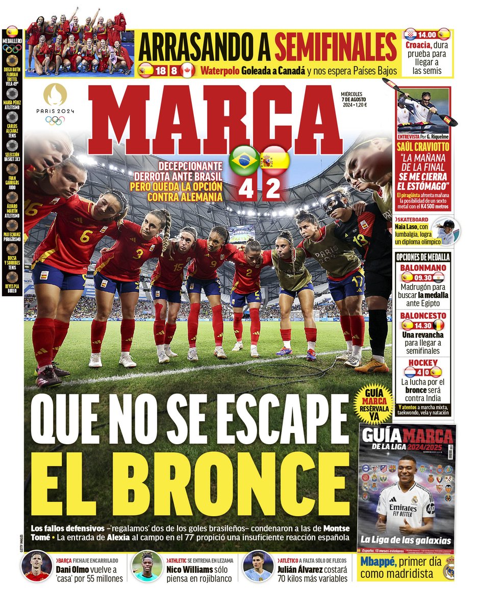 marca's tweet photo. #LaPortada 🗞️ Que no se escape el bronce 🥉

#Paris2024 https://t.co/wDk70Fgd8g