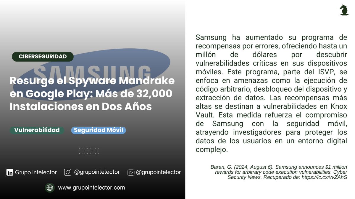 GIntelector's tweet image. Samsung ofrece hasta $1 millón por detectar vulnerabilidades críticas en sus dispositivos! Una gran oportunidad para investigadores de seguridad. 
Lee la nota completa: lc.cx/vvZAhS
#Ciberseguridad #Samsung #Vulnerabilidades #Intelector