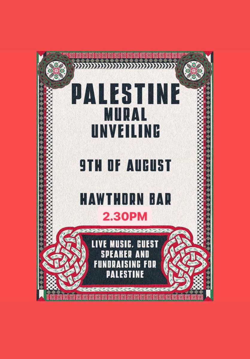 A chairde Gael. 

This Friday we have moved our Palestinian mural unveiling to the earlier time of 2.30 so we can all then join the anti-racism demo afterwards.

Fascism and racism has no place in our city - let’s send that message on Friday in huge numbers. 

We are sickened to