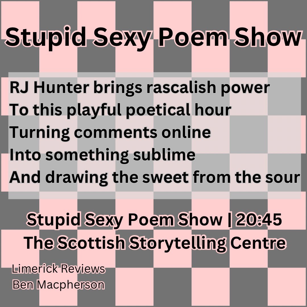 Another Limerick review! @rosiejohunter’s Stupid sexy Poem show has only got a couple more performances on 10&amp;19th. Go see it. <a href="/ScotStoryCentre/">Scottish Storytelling Centre</a> #unleashyourfringe #edfringe24 #edfringe #edinburgh #fringe24 #limerickreviews #limerick #poem #EdinburghFringe #EdinburghFringeFestival