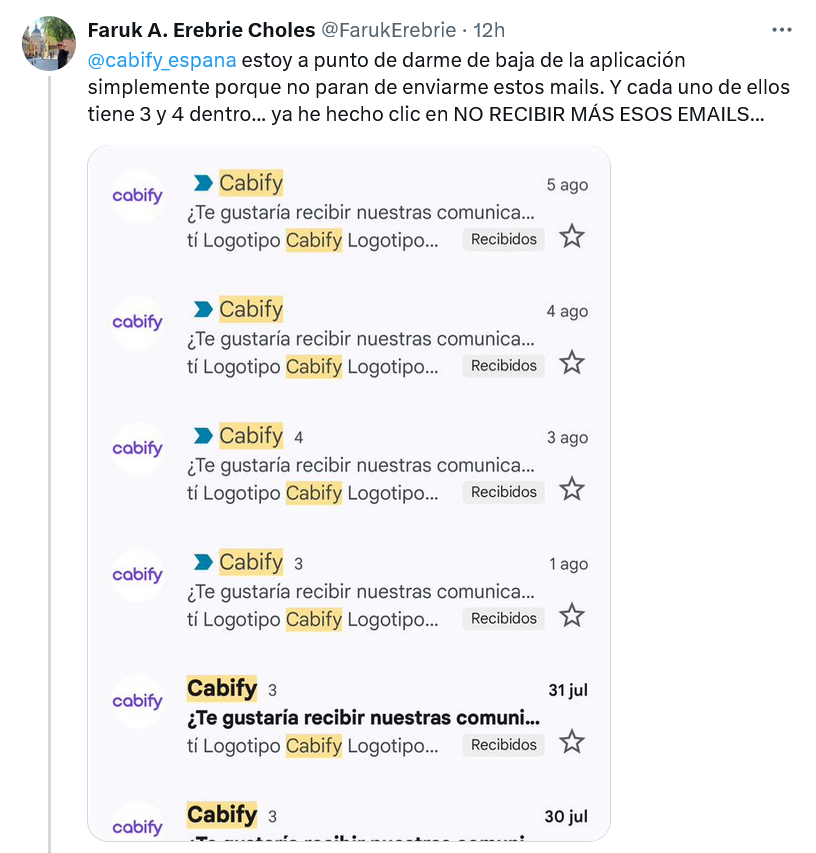 EnLuchaVTC's tweet photo. 👎🏻 #Cabify📴 App no deseada, correos no deseados. 

#Spam 😠 spam, spam, spam. #DeleteCabify https://t.co/NE2Q9xYGCM