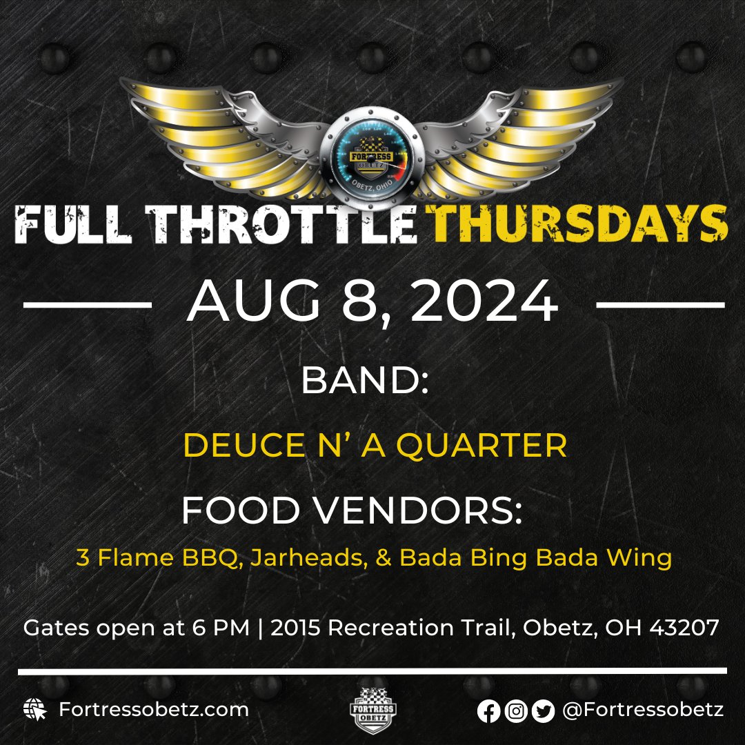 🎸🔥 Get ready for Full Throttle Thursday with the award-winning Deuce N a Quarter Band! Enjoy live blues music and tasty bites from 3 Flame BBQ, Jarheads, &amp; Bada Bing Bada Wing. 🍗🍔 Only a few weeks left—don't miss out!  🎤🎶

#FullThrottleThursday #BluesMusic #FoodTrucks
