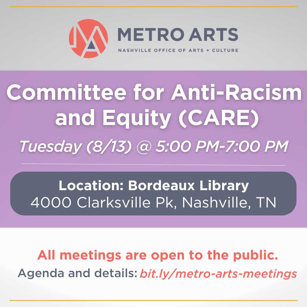 Upcoming Metro Arts Meetings

Join us for upcoming Metro Arts Commission and Committee Meetings this month. 

Learn more at bit.ly/metro-arts-mee…