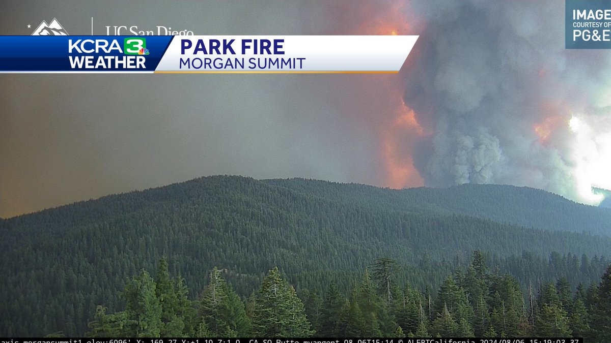 3:30 pm TUESDAY

Ominous view from Morgan Summit in eastern Tehama County. 

This camera is just east of Mineral - looking south towards the head of the #ParkFire.

The fire is once again burning very hot in dense forest.

<a href="/kcranews/">kcranews</a> (1/2)