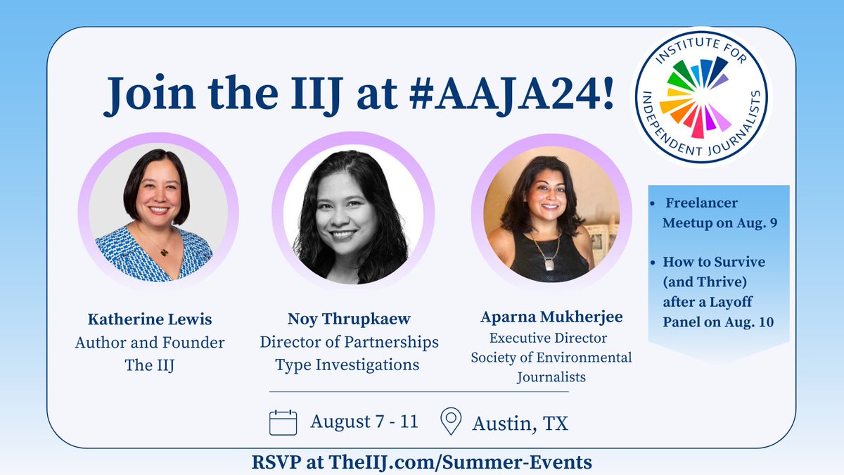 The Institute for Independent Journalists (@the_iij) on Twitter photo We're getting ready to head to Austin for #AAJA24 later this week! <a href="/thrupkaew/">Noy Thrupkaew</a>, director of partnerships for <a href="/typeinvestigate/">Type Investigations</a> and <a href="/aparnamuk/">Aparnaš§µ@aparnamukš¢Mastadon aparna@journa.host</a>, president of <a href="/sejorg/">Society of Environmental Journalists (SEJ)</a> will be joining our freelance meetup, you can RSVP here: zeffy.com/en-US/ticketin⦠#TheIIJ We're getting ready to head to Austin for #AAJA24 later this week! <a href="/thrupkaew/">Noy Thrupkaew</a>, director of partnerships for <a href="/typeinvestigate/">Type Investigations</a> and <a href="/aparnamuk/">Aparnaš§µ@aparnamukš¢Mastadon aparna@journa.host</a>, president of <a href="/sejorg/">Society of Environmental Journalists (SEJ)</a> will be joining our freelance meetup, you can RSVP here: zeffy.com/en-US/ticketin⦠#TheIIJ