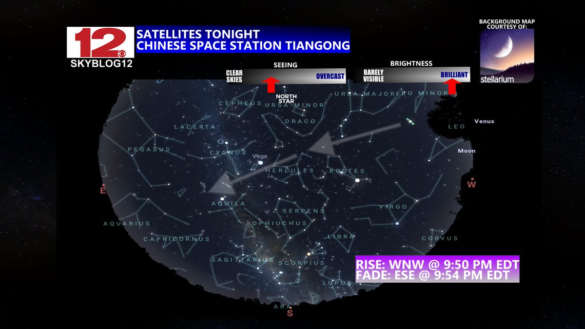 wdefnews12's tweet photo. #WDEFNews12 #SkyBlog12 #BackyardAstronomy - Chinese space station #Tiangong will make a super-bright pass over the @WDEFNews12 viewing area tonight just past 9:50 PM EDT.
A few clouds + wildfire smoke/haze aloft could make seeing conditions less than optimal. #KeepLookingUp https://t.co/yf02SvzCK1