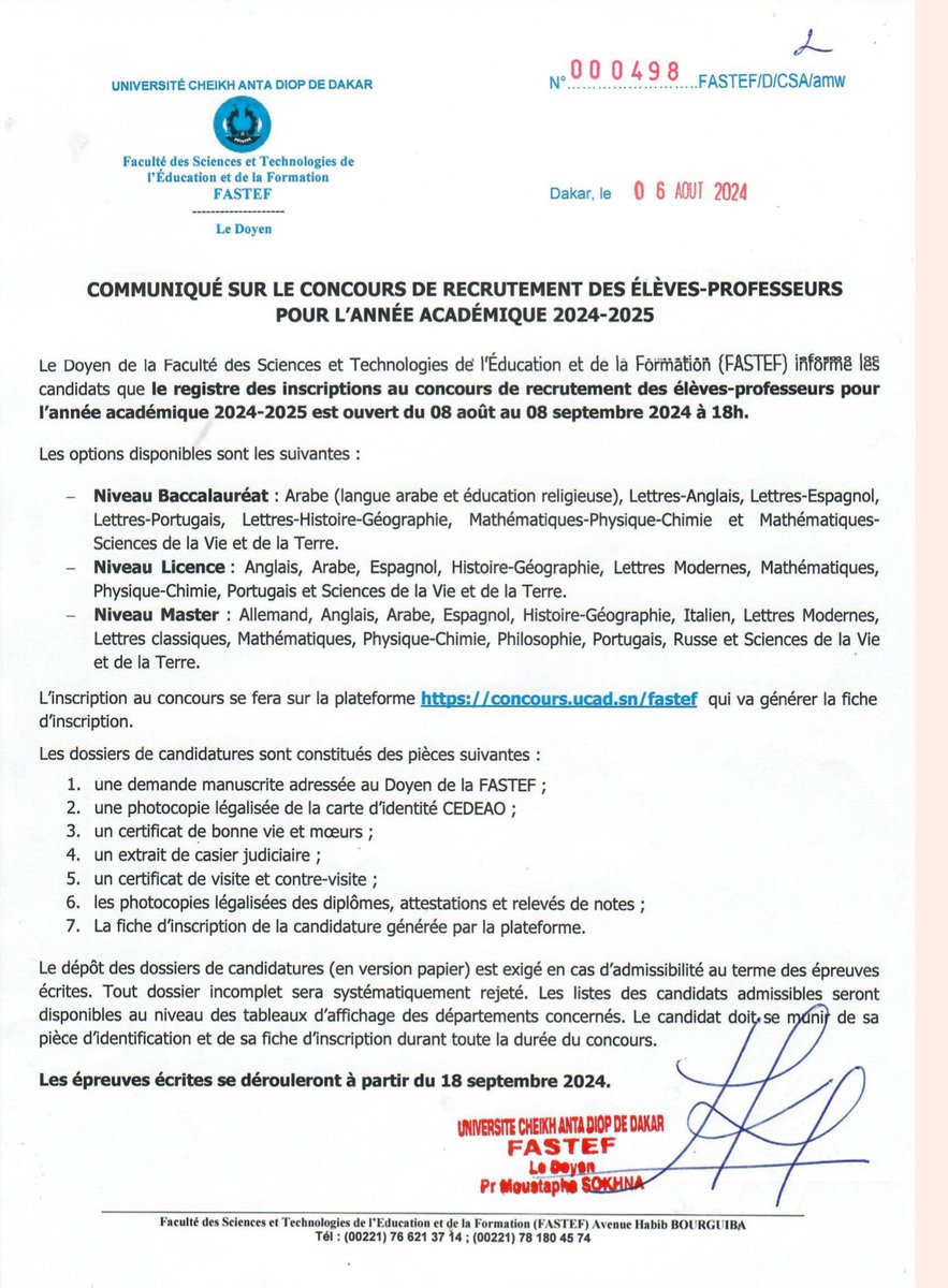 La Fastef recrute. Venez servir votre pays.