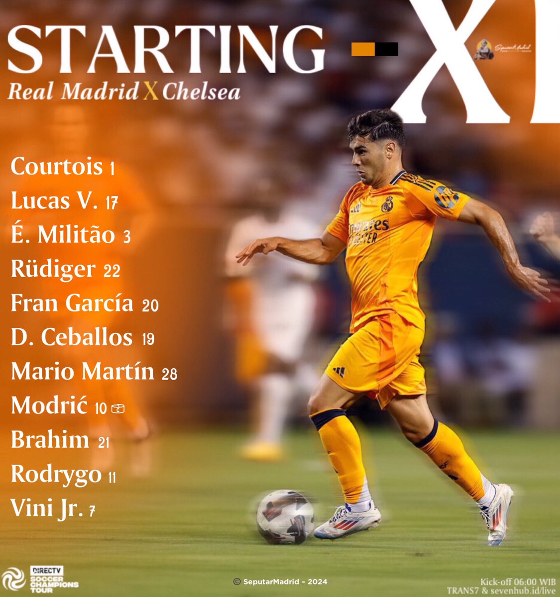 SeputarMadrid's tweet photo. ✅ OFFICIAL: Starting lineup Real Madrid untuk pertandingan terakhir pra-musim 24/25 menghadapi Chelsea! 📝

Kick-off pukul 06.00 WIB Live di TRANS7 &amp; live-streaming gratis di https://t.co/WDpZroRYBA 📺

Prediksi pencetak gol Real Madrid? 🤔

#RealMadridOnTour 🇺🇸 https://t.co/EooXnn3l7z