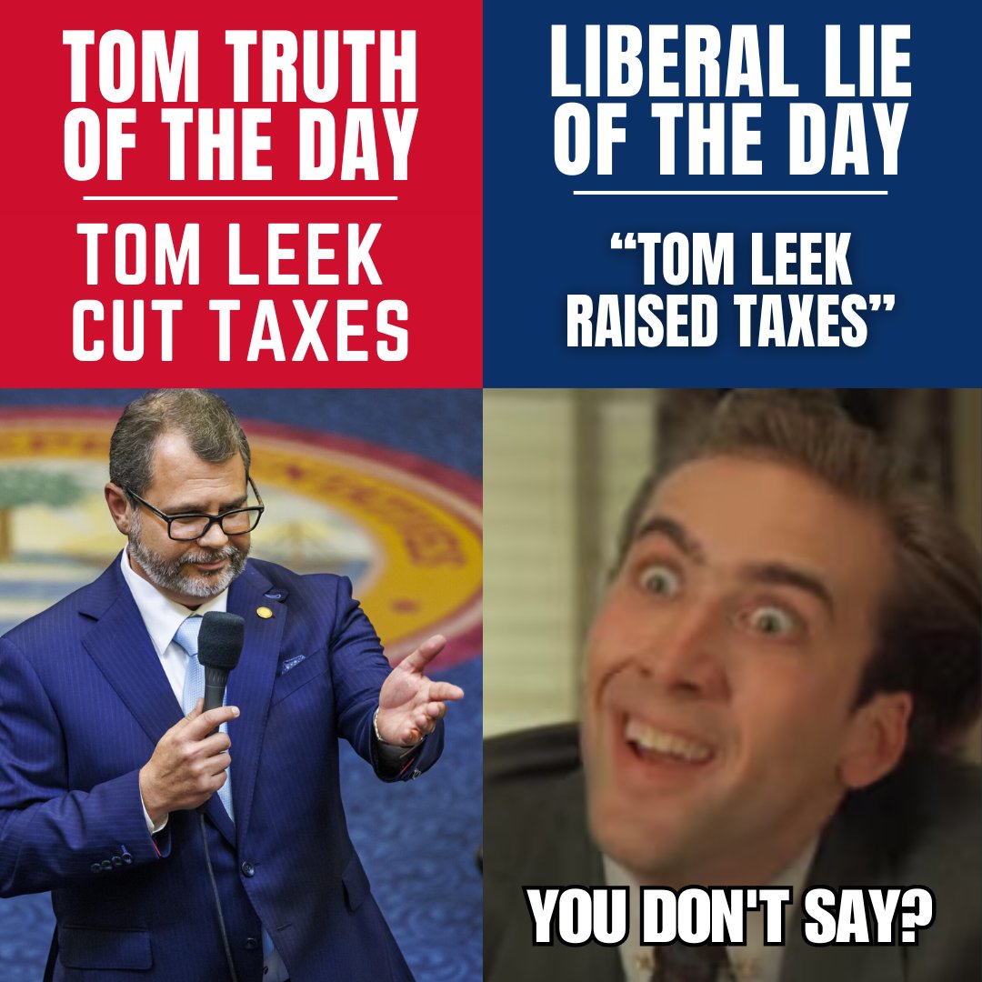 Friendstomleek's tweet photo. Tom Leek didn’t raise taxes. In fact: Tom Leek voted for NUMEROUS tax cuts and even co-sponsored HB 7019—a bill to CUT property taxes.  Ignore the lies of liberal lawyers, because #TruthMatters https://t.co/bVIDfhiLSa