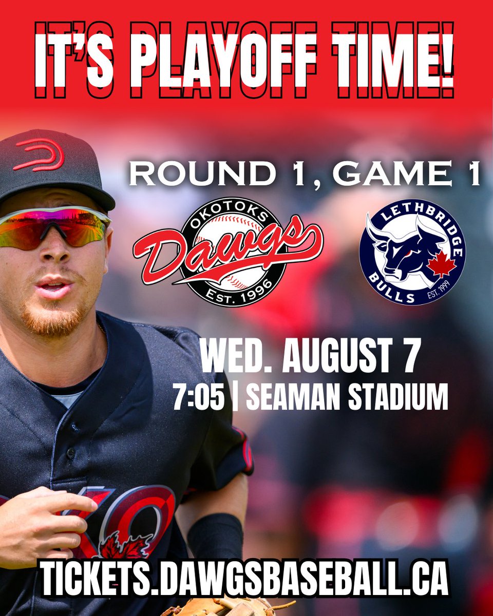Okotoks_Dawgs's tweet photo. Game 1 tomorrow night!!!
Come see the Dawgs begin their 3-peat quest as they take on Lethbridge here at Seaman Stadium.
#dawgs #baseball #okotoks #wcbl #playoffs #3peat #repeatthe3peat https://t.co/JCTFyaFXXT
