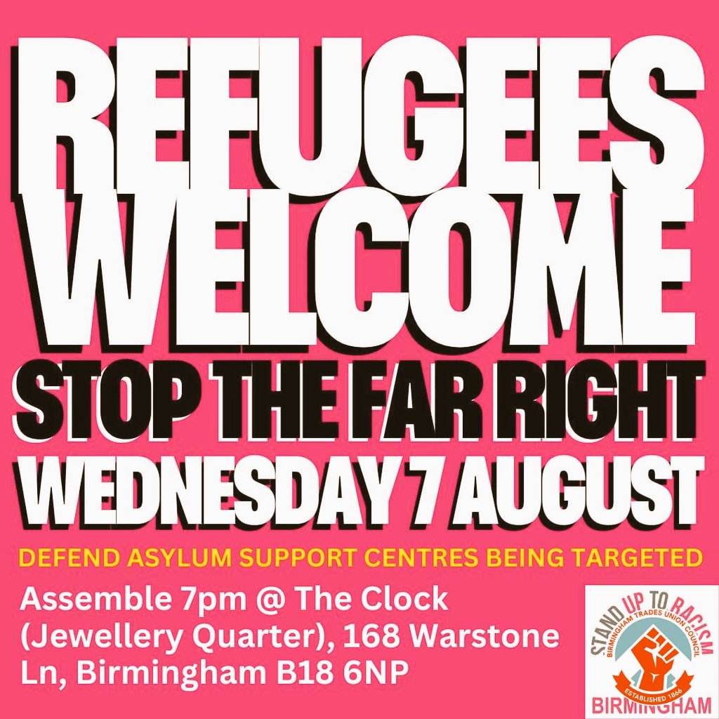 🚨BIRMINGHAM OUT🚨

Fascism is the enemy of the Working Class.  We will not let it pass!

All Out!

Wednesday 7th August
7pm
See below for location details