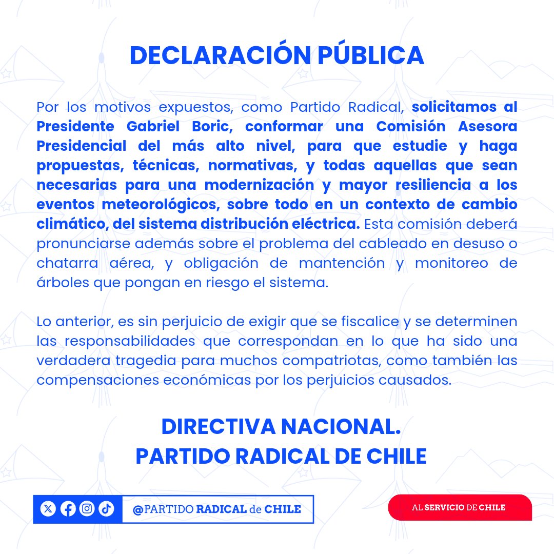 La Directiva Nacional de Partido Radical ante los cortes de suministro eléctrico producidos por el reciente temporal y ante la falta de soluciones efectivas de parte de las Empresas Suministradoras de Electricidad hace la siguiente declaración pública.