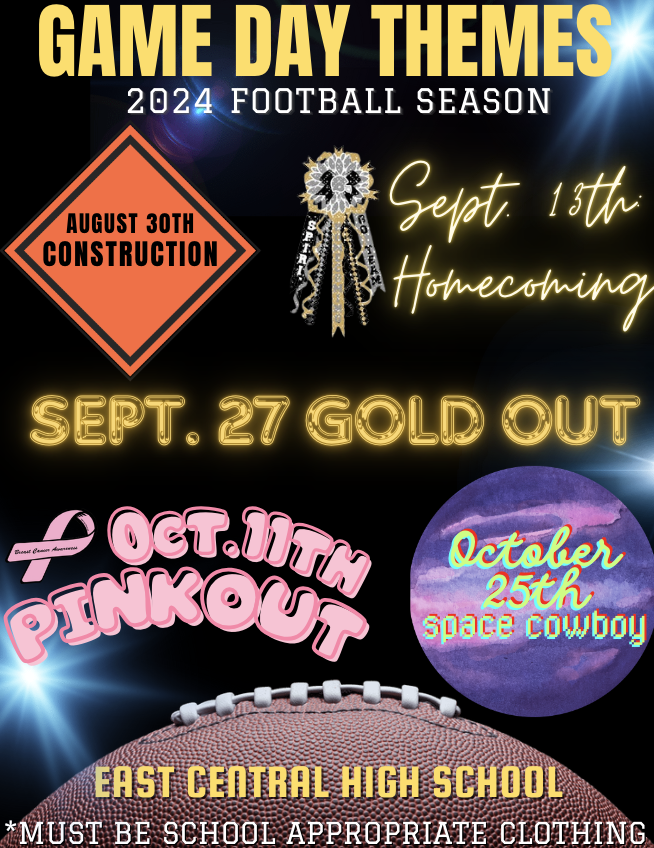 Spirit_ECHS's tweet photo. Are we ready for some EC football?! Here are your 2024 game day themes. Can't wait to see your school spirit! #GoHornets #WeAreEC 🐝🏈 https://t.co/NUEORSLSy8