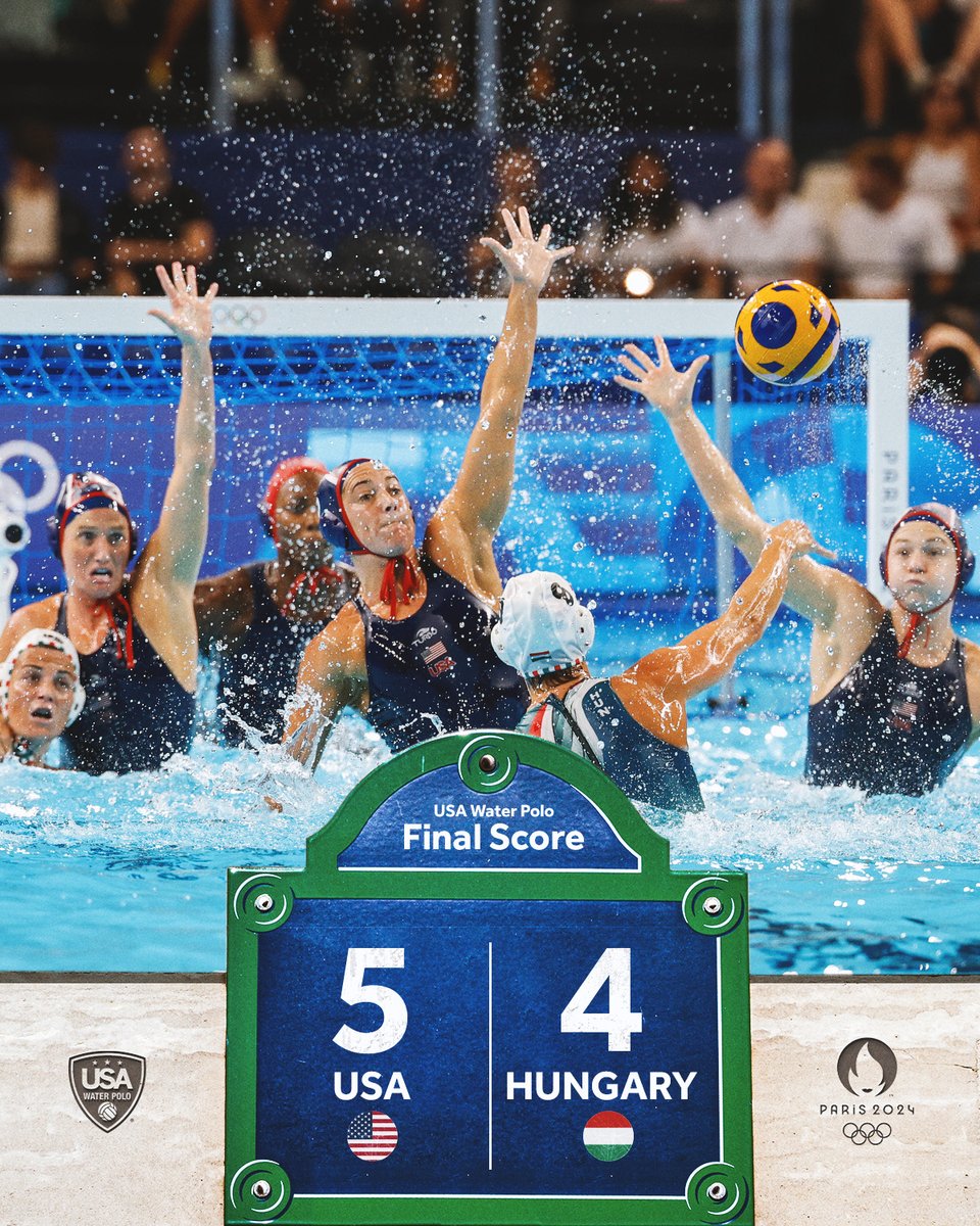 USAWP's tweet photo. The @TeamUSA Women defeated Hungary 5-4 to earn a spot in the semifinals here at #Paris2024. The defense was stellar as @theAshJohnson recorded 17 saves and blocked 81% of the shots she faced. @maggiesteffens scored two goals and played every minute of the match.

RECAP: https://t.co/7GzD2IFycW #waterpolo #Olympics