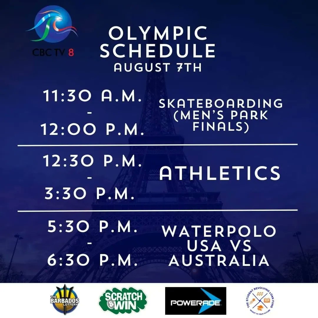 CBCBARBADOS's tweet photo. Here is CBC TV 8's Paris Olympic Schedule for Wednesday, August 7.
#CBCTV8 #ParisOlympics #Olympics #Schedule #CBCBB https://t.co/tDQjRxFsA1