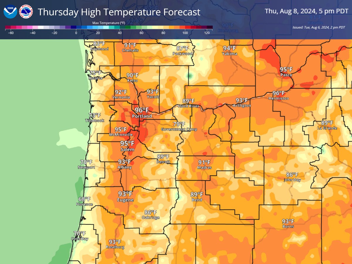 NWSPortland's tweet photo. How hot will Thursday be? Likely mid 90s inland, and there's a 20-40% chance of highs 100° or more for the central/northern Willamette Vly. Working or playing outside? Be smart during heat of the day: breaks, water, skin protection. Stay indoors if you can. #orwx #wawx #pdxtst https://t.co/PQvwJsGB6A