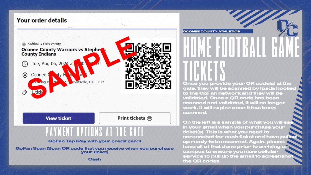 OCHS_Athletics's tweet photo. How to purchase tickets for home football games at Oconee County HS. Please make sure you read the information regarding the GoFan QR Code process. Tickets for the scrimmage this Friday are live and Hog Mtn Bowl tickets will go on sale very soon. #WeAreOne #SpearEm https://t.co/gCU3M6N8Dx