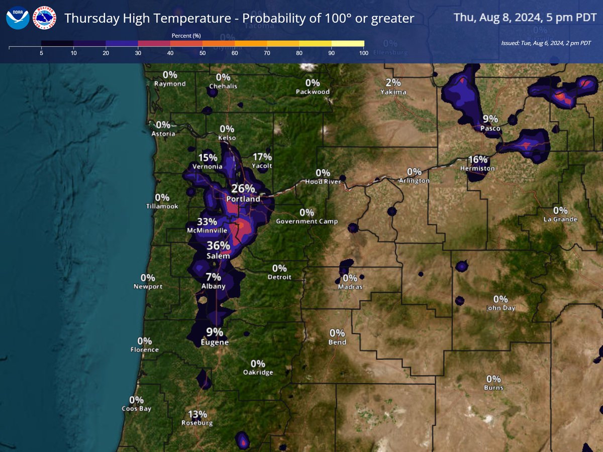 NWSPortland's tweet photo. How hot will Thursday be? Likely mid 90s inland, and there's a 20-40% chance of highs 100° or more for the central/northern Willamette Vly. Working or playing outside? Be smart during heat of the day: breaks, water, skin protection. Stay indoors if you can. #orwx #wawx #pdxtst https://t.co/PQvwJsGB6A