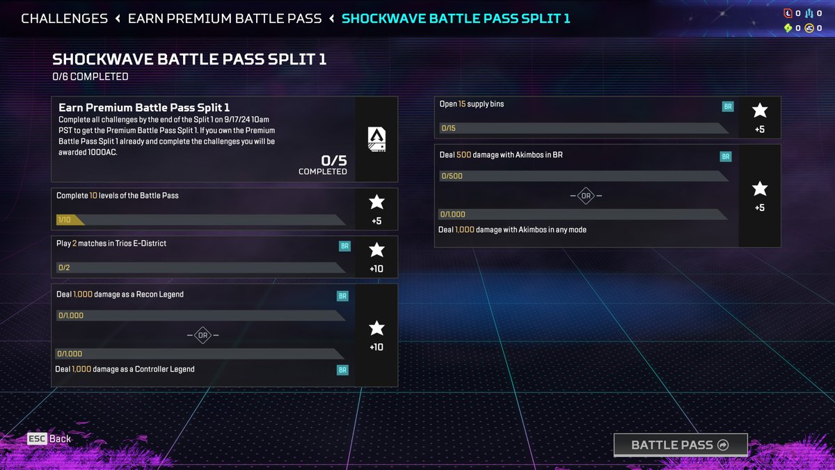 Reminder! You can unlock the Split 1 Battle Pass this Season by completing these challenges before the end of the Split (Sept. 17 at 10am PT). Starting with Split 2, you can get the Premium Battle Pass by using Apex Coins.

As an additional reminder, the offerings shown in the