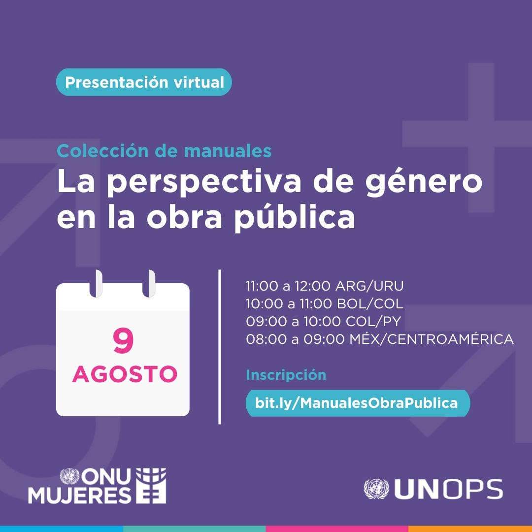 ONU Mujeres (@onumujeres) on Twitter photo #EventoVirtual 📢 <a href="/ONUMujeres/">ONU Mujeres</a> y <a href="/UNOPS_es/">UNOPS en español</a> presentarán una colección de manuales sobre la perspectiva de género en #ObrasPúblicas 🚧🏗️ para inspirar con buenas prácticas y experiencias regionales e internacionales.
🗓️ 9 AGO
🕚 11:00 AM 🇦🇷🇺🇾
📋 Registro: ➡️ bit.ly/ManualesObraPu… #EventoVirtual 📢 <a href="/ONUMujeres/">ONU Mujeres</a> y <a href="/UNOPS_es/">UNOPS en español</a> presentarán una colección de manuales sobre la perspectiva de género en #ObrasPúblicas 🚧🏗️ para inspirar con buenas prácticas y experiencias regionales e internacionales.
🗓️ 9 AGO
🕚 11:00 AM 🇦🇷🇺🇾
📋 Registro: ➡️ bit.ly/ManualesObraPu…