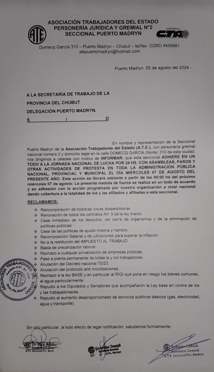 #PuertoMadryn #Politica #EmpleadosEstatales #JornadaNacional #Paro #Movilización

ATE Puerto Madryn se suma a la Jornada Nacional de Lucha el 7 de agosto
<a href="/ATEMadryn/">ATE Puerto Madryn</a> <a href="/CTAAutonoma/">CTA Autónoma</a> 

noticiaspmy.com/ate-puerto-mad…