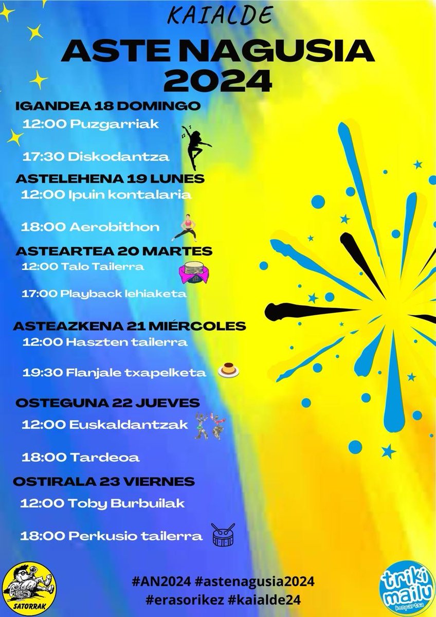 TrikimailuK's tweet photo. Oso gutxi falta da Aste Nagusirako! Hemen·#kaialde-ko ekintzen eta kontzertuen aurkezpena! ¡Planes para todos los gustos y edades! #satorrak #AN24 #HirietaHerri #BilbokoKonpartsak #trikileaks https://t.co/lughJILBjW