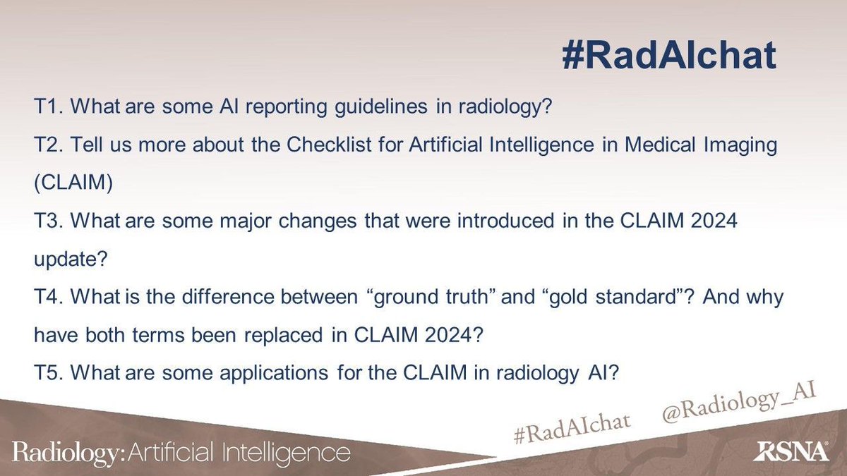 Radiology: Artificial Intelligence (@radiology_ai) on Twitter photo Here is a sneak peek at the Aug. 7 #RadAIchat at 8 PM ET on "Checklist for #AI in Medical Imaging (CLAIM): 2024 Update" moderated by <a href="/Klonmich/">Mike Klontzas</a> and panelists <a href="/LCAdamsRad/">Lisa Adams</a> <a href="/cekahn/">Charles Kahn, MD</a> @AliTejaniMD #radiomics #AI #DL #radres <a href="/RSNA/">RSNA</a> <a href="/HElhalawaniMD/">Hesham Elhalawani</a> Here is a sneak peek at the Aug. 7 #RadAIchat at 8 PM ET on "Checklist for #AI in Medical Imaging (CLAIM): 2024 Update" moderated by <a href="/Klonmich/">Mike Klontzas</a> and panelists <a href="/LCAdamsRad/">Lisa Adams</a> <a href="/cekahn/">Charles Kahn, MD</a> @AliTejaniMD #radiomics #AI #DL #radres <a href="/RSNA/">RSNA</a> <a href="/HElhalawaniMD/">Hesham Elhalawani</a>