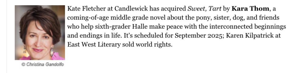 East West Literary (@eastwestlit) on Twitter photo Congratulations <a href="/KaraDThom/">Kara Douglass Thom</a>
SWEET, TART —a coming-of-age mg novel, acquired at <a href="/Candlewick/">Candlewick Press</a> for Sept. 2025–as announced in <a href="/PWKidsBookshelf/">PWKidsBookshelf is now on Bluesky</a> ⭐️📚⭐️
Congrats also to agent <a href="/AuthorKarenK/">Karen Kilpatrick</a> <a href="/EastWestLit/">East West Literary</a> 🎉🎉🎉 Congratulations <a href="/KaraDThom/">Kara Douglass Thom</a>
SWEET, TART —a coming-of-age mg novel, acquired at <a href="/Candlewick/">Candlewick Press</a> for Sept. 2025–as announced in <a href="/PWKidsBookshelf/">PWKidsBookshelf is now on Bluesky</a> ⭐️📚⭐️
Congrats also to agent <a href="/AuthorKarenK/">Karen Kilpatrick</a> <a href="/EastWestLit/">East West Literary</a> 🎉🎉🎉