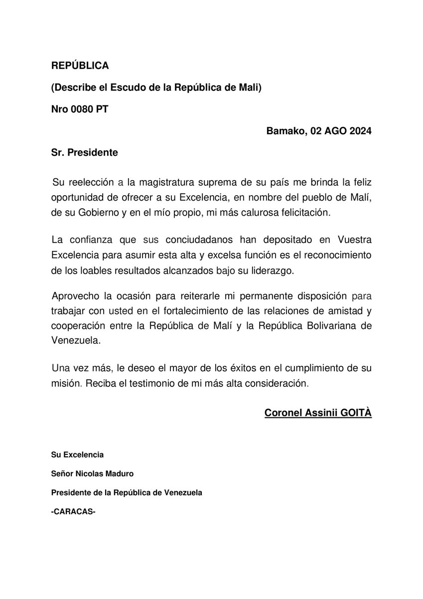 Yvan Gil (@yvangil) on Twitter photo Un cordial saludo al pueblo de Mali y a su presidente, Assimi Goita, quien nos ha enviado un cálido mensaje de felicitaciones por la reelección del Presidente <a href="/NicolasMaduro/">Nicolás Maduro</a>. Nuestros pueblos continuarán colaborando en la construcción de un futuro próspero y en la consolidación Un cordial saludo al pueblo de Mali y a su presidente, Assimi Goita, quien nos ha enviado un cálido mensaje de felicitaciones por la reelección del Presidente <a href="/NicolasMaduro/">Nicolás Maduro</a>. Nuestros pueblos continuarán colaborando en la construcción de un futuro próspero y en la consolidación