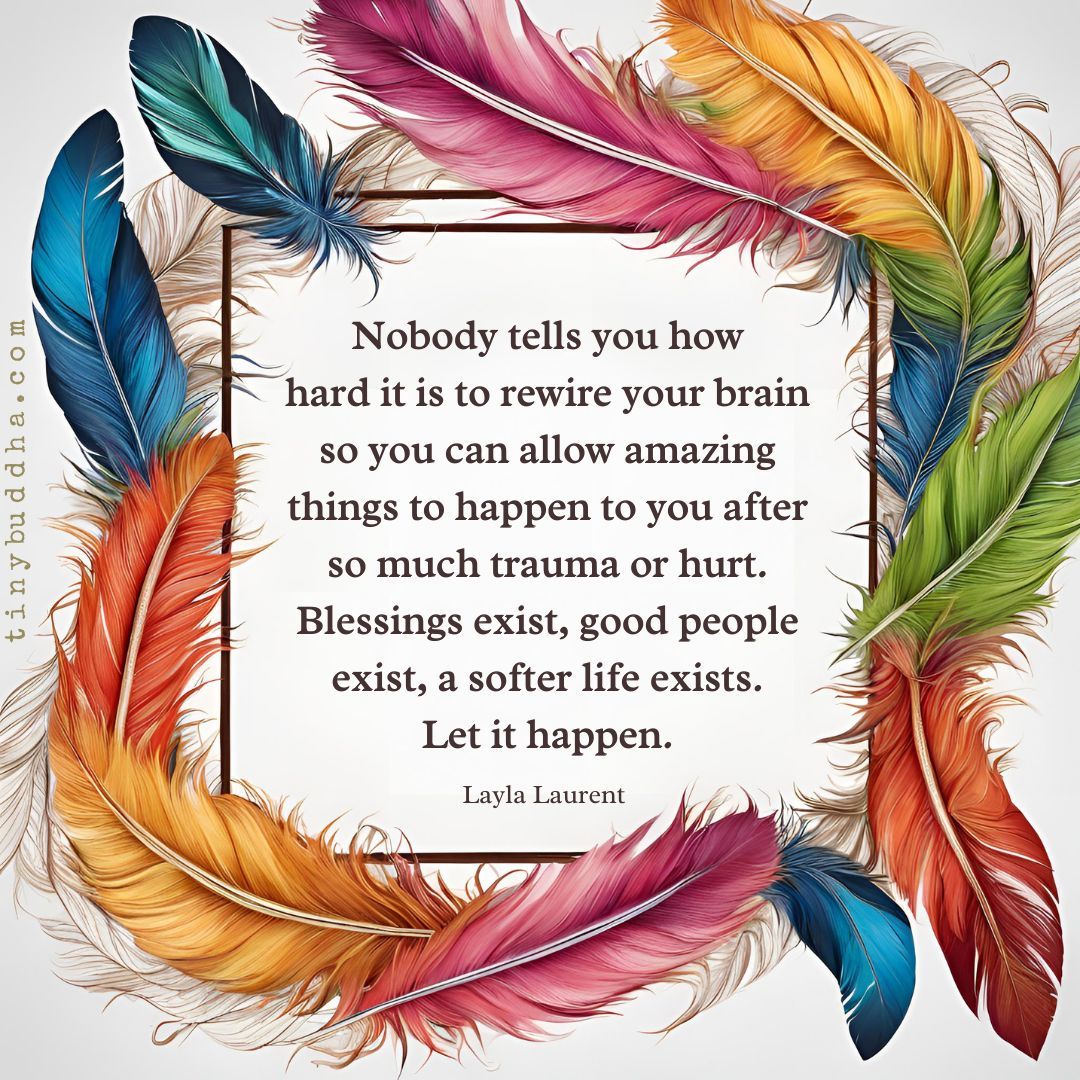 tinybuddha's tweet photo. "Nobody tells you how hard it is to rewire your brain so you can allow amazing things to happen to you after so much trauma or hurt. Blessings exist, good people exist, a softer life exists. Let it happen.” ~Layla Laurent https://t.co/W9xphl5Rjc