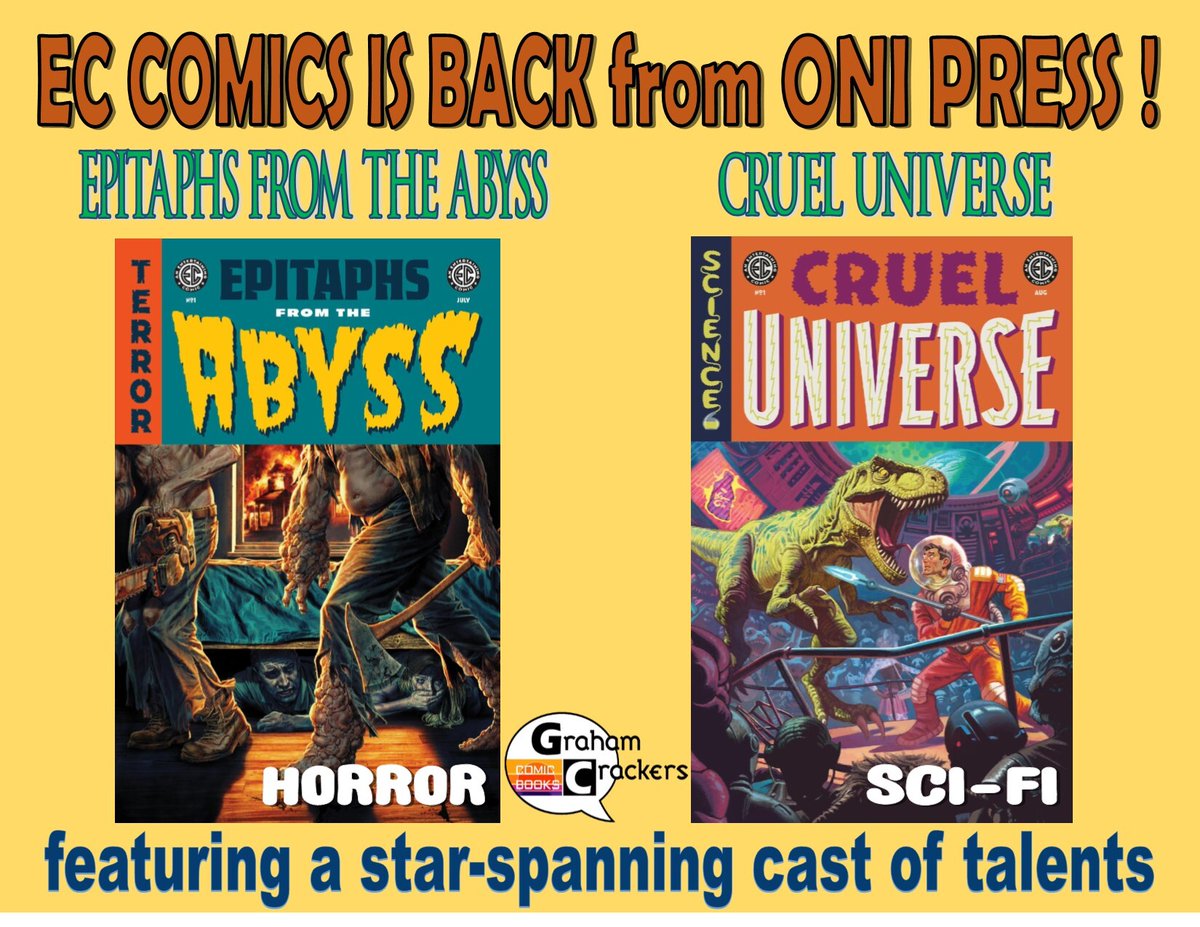 GCComics's tweet image. Check out the shocking all-new EC COMICS imprint from ONI PRESS. Find scary, terror-filled stories in Epitaphs from the Abyss and bizarre tales of time and space in the sci-fi comic book Cruel Universe!

#comicbookstore #comicshop #comicstore #chicago #chicagoland #grahamcrackers