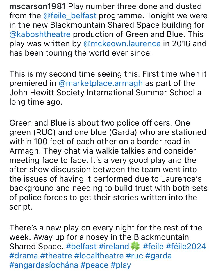 Ăine Carson (@ainecarson1) on Twitter photo Thatâs a stunning new building youâve got there <a href="/BLACKMOUNTAINSS/">BMSSP</a> Play number 3 done and dusted. Thereâs a different play on every night this week for <a href="/FeileBelfast/">FĂ©ile an Phobail</a> and donât forget <a href="/BrassneckCo/">Brassneck Theatre Company</a> has Anthem for Dissatisfaction in <a href="/RoddyMcCorleys/">Roddy McCorley Heritage Centre</a> too. Thatâs a stunning new building youâve got there <a href="/BLACKMOUNTAINSS/">BMSSP</a> Play number 3 done and dusted. Thereâs a different play on every night this week for <a href="/FeileBelfast/">FĂ©ile an Phobail</a> and donât forget <a href="/BrassneckCo/">Brassneck Theatre Company</a> has Anthem for Dissatisfaction in <a href="/RoddyMcCorleys/">Roddy McCorley Heritage Centre</a> too.