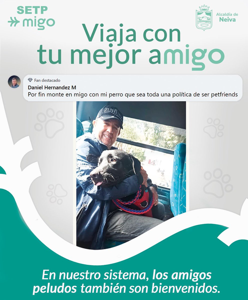 SetpNeiva's tweet photo. #setpmigo
En Migo tu mascota es bienvenida. 💚 #tumascotaviajaconmigo

El Setp Neiva es de Todos 🐶🐯
.
.
.
.
.
#mueveteconmigo #neivateama #movilizateconmigo https://t.co/L63v7mAmo1