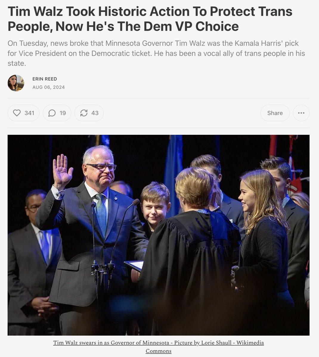 ErinInTheMorn's tweet photo. 1. Governor Tim Walz has been tapped to be the nominee for Vice President by Kamala Harris.

What you may not know is that he was one of the most protective governors towards trans people, even protecting those coming from across state lines.

Subscribe to support my journalism. https://t.co/lw7uwYR0o1