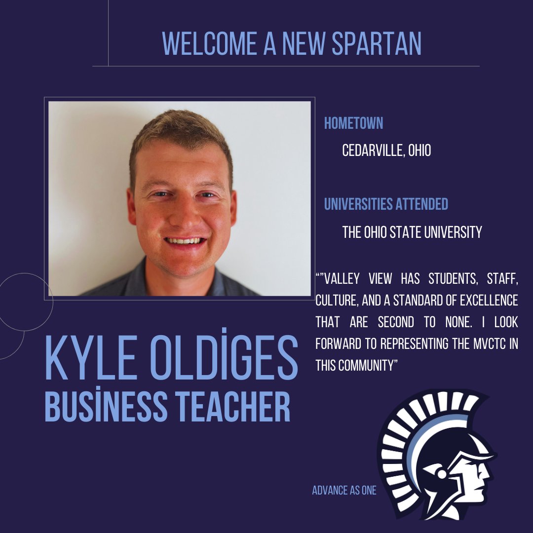 Our third and final new Spartan is Kyle Oldiges. Kyle was a long term sub last year and now will join our team full time as a Business teacher.