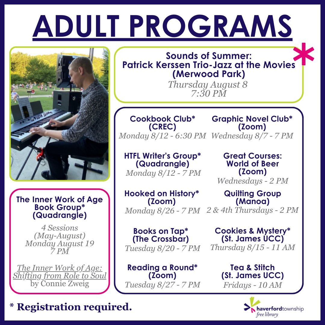 📚 August Adventures Await! 🌞 Get ready for a month of exciting events for all ages at HTFL.⏰Don't forget - Summer Reading Challenge ends on August 17! It's your final chance to earn some prizes. 
#myhtfl #htfl #haverfordlibrary #havertownpa #htflevents #delcolibraries