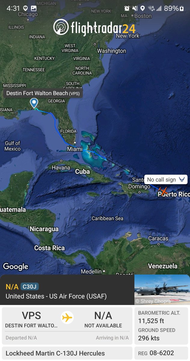 Borrowed7Time's tweet photo. USAF C-130J 08-0602 #AE29CF from Destin-Ft Walton (VPS), disappeared from tracking near San Juan. Unk if it landed there or elsewhere.
@LatAmMilMVMTs @sipjack1776 https://t.co/JK9m7EFt4n