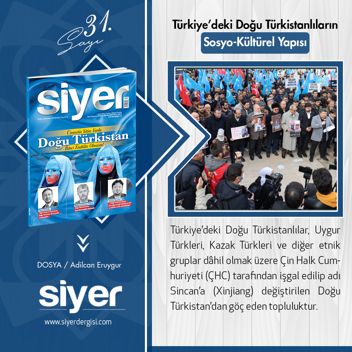 siyerdergisi's tweet photo. Dr. Adilcan Eruygur 31. sayımızda "Türkiye’deki Doğu Türkistanlıların Sosyo-Kültürel Yapısı" konulu yazısını Siyer Dergisi'ne yazdı.
✏️Yazıya ulaşmak için web sitemizi ziyaret edebilirsiniz. 📷https://t.co/lOeUIP8HZg
#dogutürkistan #kasgar #urumci https://t.co/DDJkJmBKyD