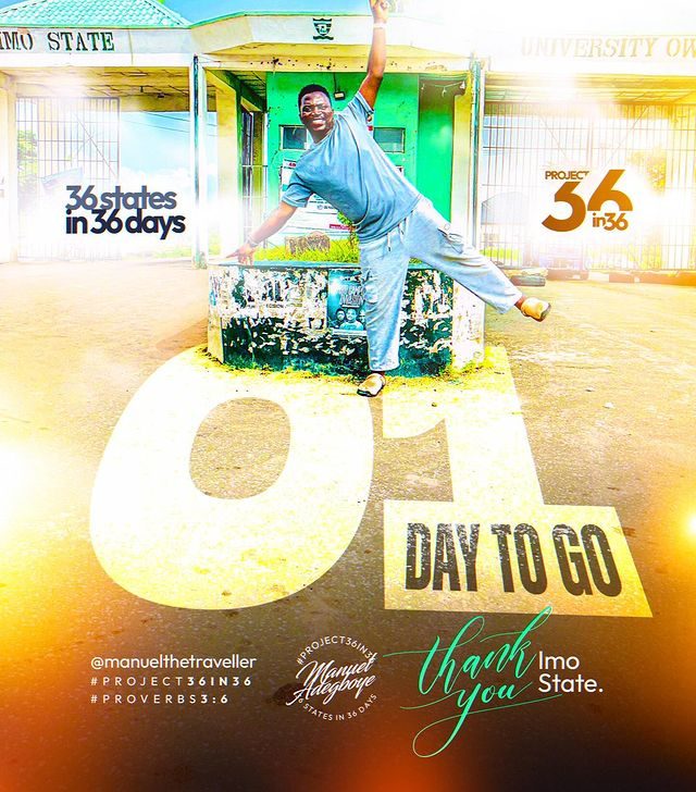 Manueldpoet's tweet photo. 1 DAY LEFT!!! It’s been God All the way!
My name is Manuel and I’m traveling to the 36 states of Nigeria, in 36 Days.
#EndBackGovernanceProtest Congratulations Nigeria #BBNaija
#withGodallthingsarepossible
#project36in36
#proverbs3:6
#Saved2save
#manuelthetraveller https://t.co/aPBNSCdwiU