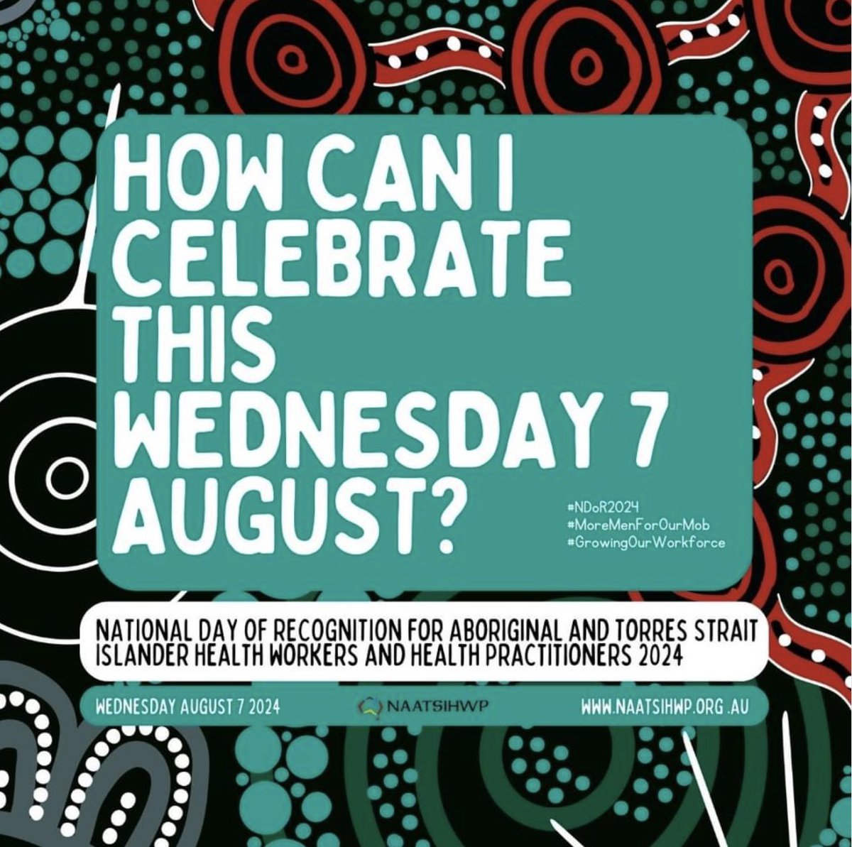 closethegapOZ's tweet photo. Happy National Day of Recognition!
On 7 August annually @NAATSIHWP invites the health sector and all Australians to help celebrate the achievements of the Aboriginal and Torres Strait Islander Health Worker and Health Practitioner workforce
#NDoR2024
#moremenforourmob https://t.co/C6zewv4riU